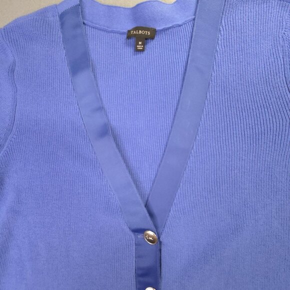 Talbots Cardigan Sweater Womens Medium Blue V-Neck Button Front Satin Trim Knit - Picture 8 of 13